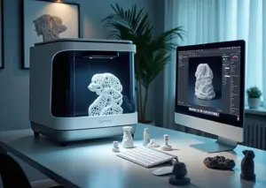 Домашняя рабочая зона с 3D-сканером структурированного света, программным обеспечением фотограмметрии и 3D-печатными объектами