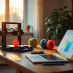 Уютное домашнее рабочее место с 3D-принтером для начинающих печатающим яркий объект, окружённый катушками с разноцветным филаментом и ноутбуком с программой 3D-моделирования
