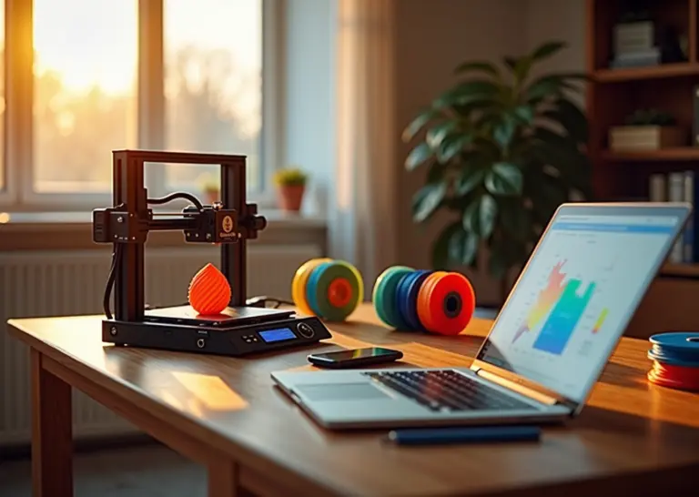 Уютное домашнее рабочее место с 3D-принтером для начинающих печатающим яркий объект, окружённый катушками с разноцветным филаментом и ноутбуком с программой 3D-моделирования
