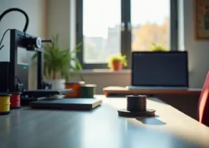 Современный домашний 3D-принтер с точной функциональной деталью и измерениями допусков и посадок, рядом материалы для печати