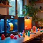 Домашний 3D-принтер FDM и SLA в процессе печати на фоне распечатанных изделий и уютного интерьера