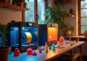 Домашний 3D-принтер FDM и SLA в процессе печати на фоне распечатанных изделий и уютного интерьера