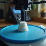 3D-принтер с хорошо прилипшим первым слоем пластика на столе, инструменты для подготовки стола и настройки принтера на заднем плане