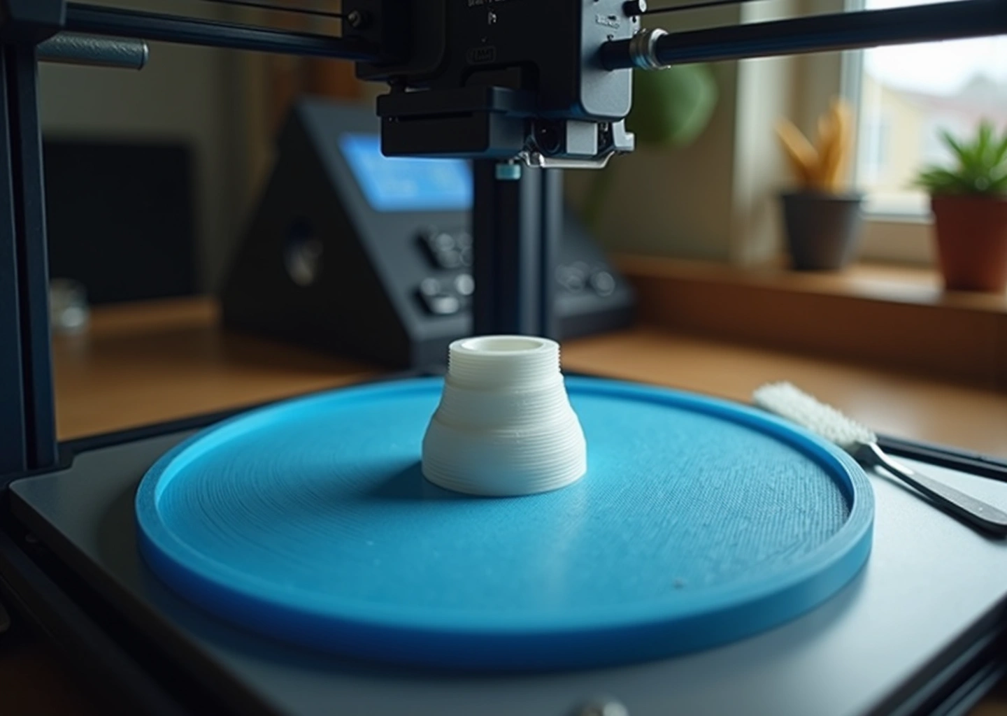 3D-принтер с хорошо прилипшим первым слоем пластика на столе, инструменты для подготовки стола и настройки принтера на заднем плане
