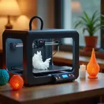 3D-принтер в домашней обстановке с пластиком и распечатанными объектами