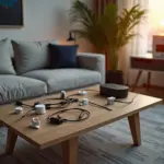 Современный интерьер комнаты с аккуратно организованными кабелями и 3D-печатными органайзерами для проводов