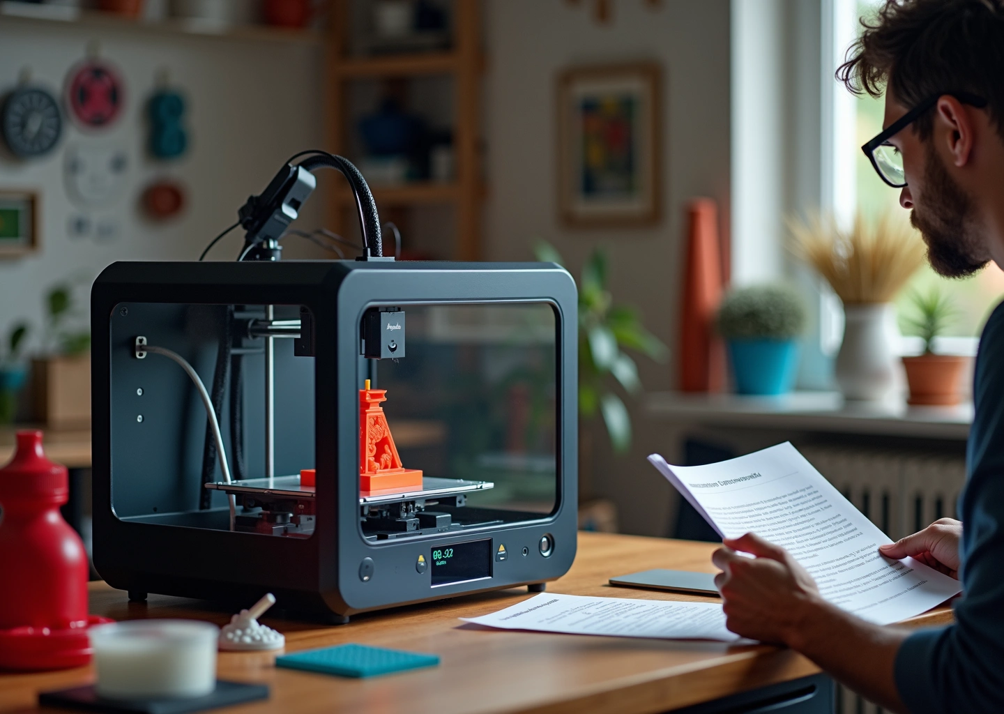 3D-принтер в работе с деталями экструдера и напечатанными предметами для дома