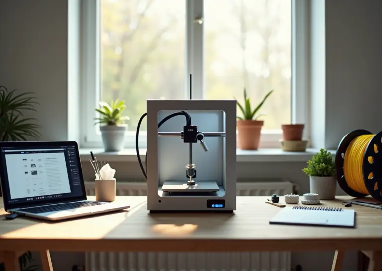 Домашний рабочий стол с FDM 3D‑принтером, инструментами обслуживания, шпулей филамента и распечатанным чеклистом