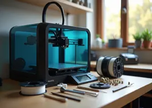 Рабочая зона с 3D‑принтером, катушками филамента, инструментами и запасными соплами на столе