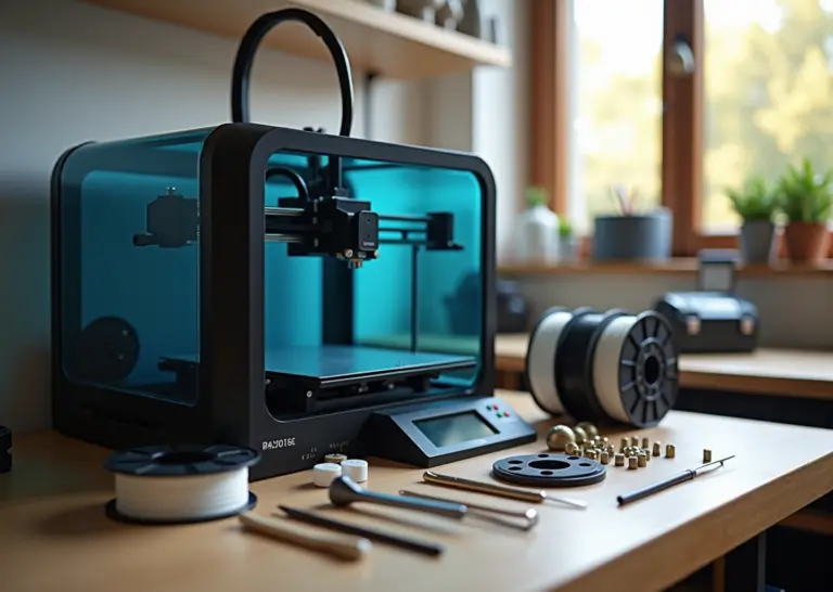 Рабочая зона с 3D‑принтером, катушками филамента, инструментами и запасными соплами на столе