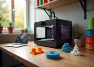 Домашняя мастерская с 3D‑принтером и катушками филамента PLA ABS PETG TPU рядом с отпечатанными образцами