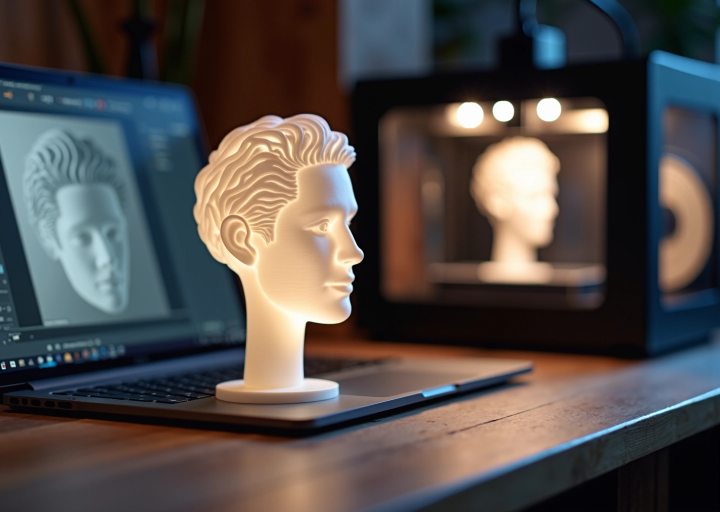 Рабочий стол с ноутбуком, программой конвертации в карту высот и напечатанной белой литофанией с подсветкой, рядом FDM‑принтер и катушка PLA