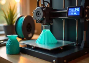 3D принтер печатает предмет из прозрачного PETG, видна катушка, дисплей с температурой и готовые изделия