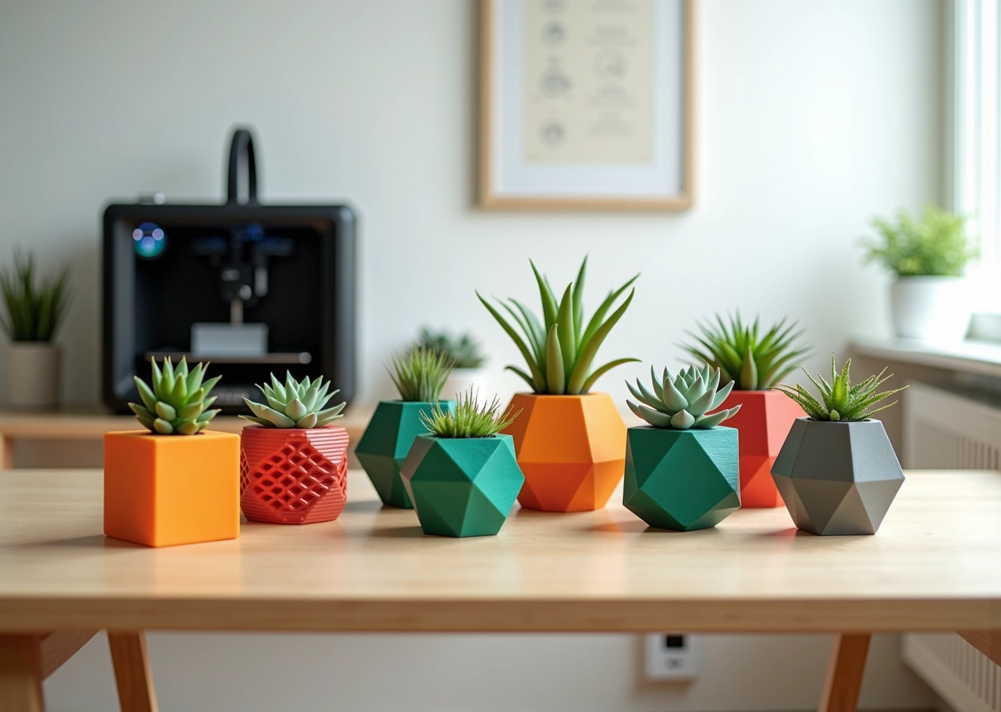 Геометрические 3D-печатные кашпо разных форм на светлом столе с растениями на фоне 3D-принтера