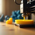 Домашний FDM‑принтер в процессе печати соплом и экструдером, рядом напечатанные предметы и наложенные термины Экструдер Ретракт Воблинг Слой Сопло