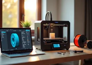 Фотография настольного FDM 3D‑принтера в домашней обстановке: печатается мелкая деталь, рядом открыт слайсер на ноутбуке, видны катушки PLA/PETG и образец калибровки.