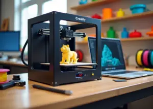 Creality Ender 3 V3 SE на домашней рабочей станции: печатает держатель для телефона, рядом катушки филамента, инструменты и ноут с слайсером