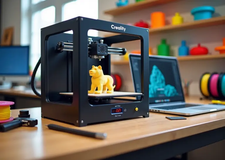 Creality Ender 3 V3 SE на домашней рабочей станции: печатает держатель для телефона, рядом катушки филамента, инструменты и ноут с слайсером