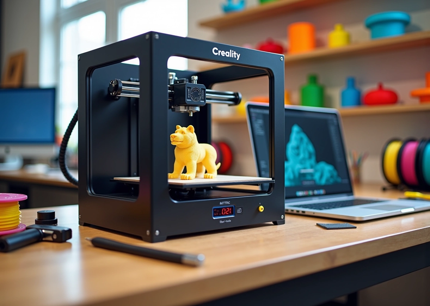 Creality Ender 3 V3 SE на домашней рабочей станции: печатает держатель для телефона, рядом катушки филамента, инструменты и ноут с слайсером