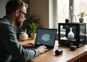 Человек редактирует STL модель на ноутбуке рядом с домашним 3D принтером и напечатанными предметами, видны сетка модели и инструменты ремонта на экране
