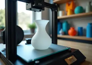 3D-принтер печатает прозрачную спиральную вазу в режиме вазы на домашнем рабочем столе, рядом катушка пластика и готовые декоративные объекты