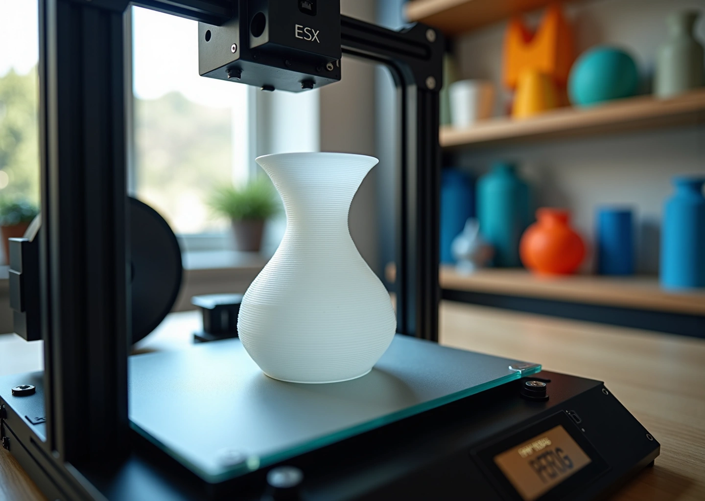 3D-принтер печатает прозрачную спиральную вазу в режиме вазы на домашнем рабочем столе, рядом катушка пластика и готовые декоративные объекты