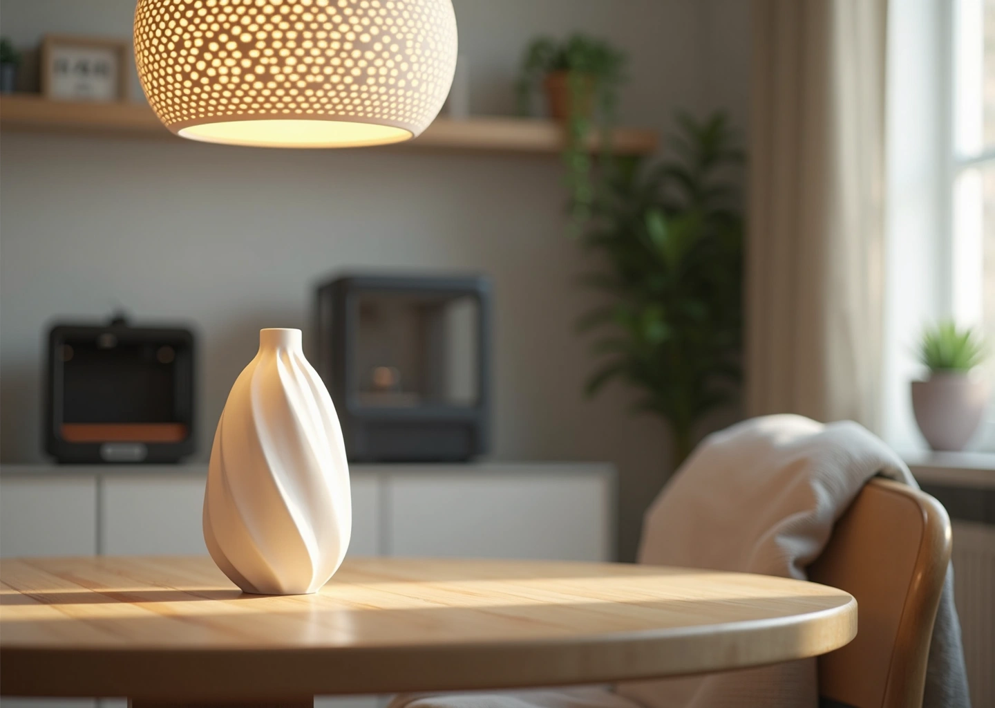 Интерьер с 3D-печатной вазой и подсвеченным 3D-печатным светильником на деревянном столе, принтеры на заднем плане