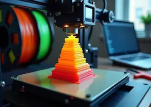 Фотография 3D‑принтера в домашней мастерской, печатающего температурную башню с заметными ступенями, рядом катушки филамента, штангенциркуль и ноутбук с открытым слайсером