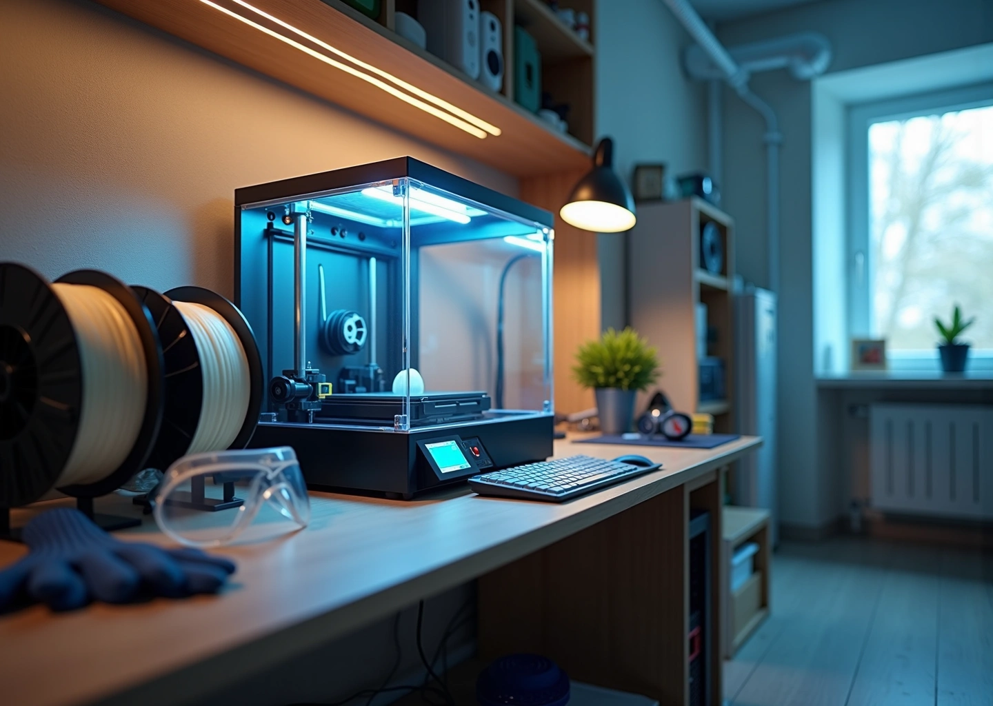 Домашняя мастерская с 3D‑принтером в закрытом корпусе, воздухоочистителем с HEPA и угольным фильтром, респиратором и нитриловыми перчатками на рабочем столе