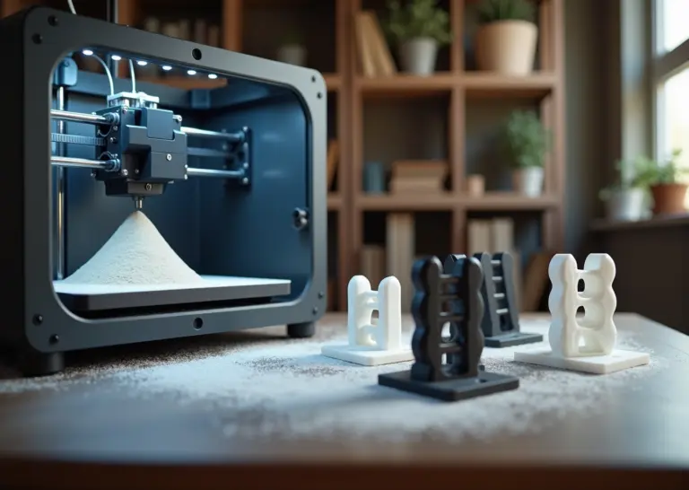 Открытая камера SLS‑принтера с порошком и напечатанными полиамидными прототипами на фоне домашней мастерской