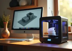 Монитор с интерфейсом Cura рядом с работающим настольным 3D‑принтером и напечатанными домашними предметами