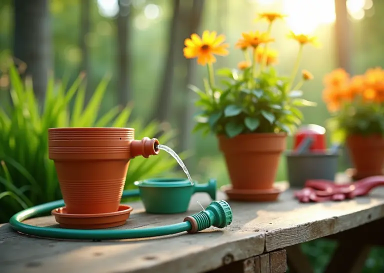 Фотография: стол в саду с 3D напечатанными горшком с резервуаром, соединителем для шланга, насадкой‑разбрызгивателем и ручкой инструмента; на заднем плане FDM 3D‑принтер и садовые инструменты, солнечный день