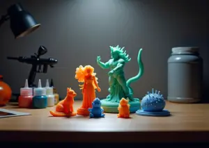 Рабочий стол с 3D‑печатными моделями, аэрографом, баллончиком грунта, шкурками и баночками акриловых красок