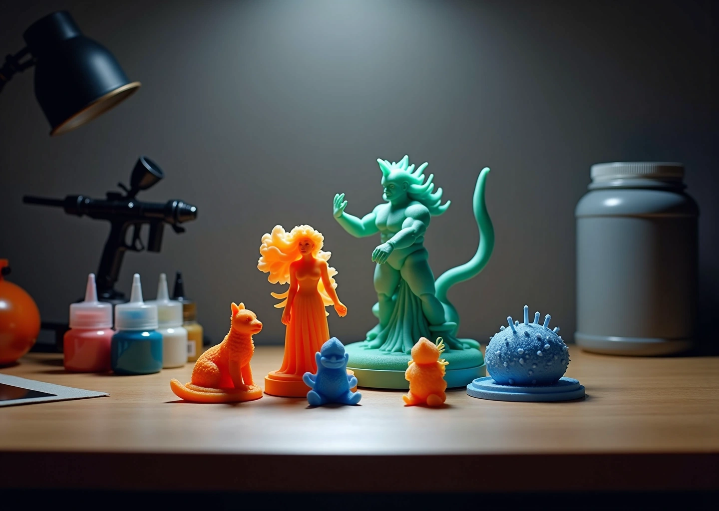 Рабочий стол с 3D‑печатными моделями, аэрографом, баллончиком грунта, шкурками и баночками акриловых красок