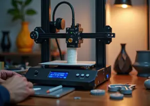 Человек калибрует экструдер 3D‑принтера: отметка на филаменте, дисплей с командами, шестерни экструдера, штангенциркуль на столе