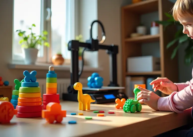 Домашняя 3D‑мастерская: FDM принтер печатает цветные PLA детали, на столе готовые развивающие и подвижные игрушки, взрослые и детские руки собирают и берут игрушки.