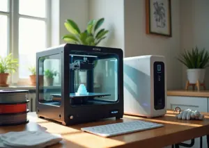 Домашняя мастерская с 3D принтером в закрытой камере и воздушным фильтром около окна, катушки филамента и средства защиты на столе