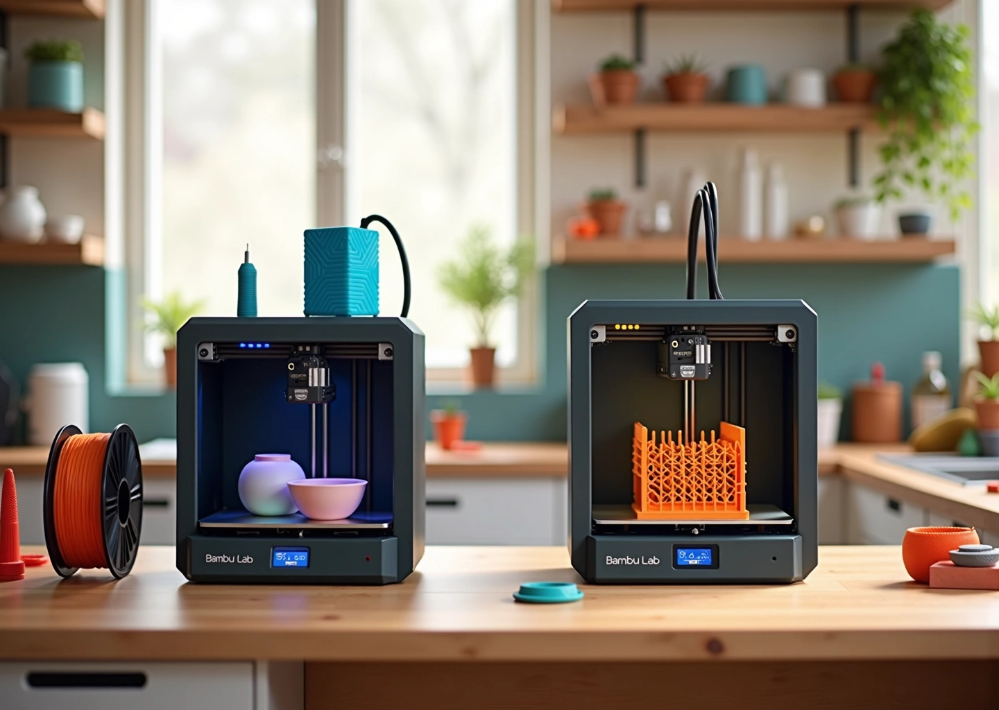 Два настольных 3D‑принтера Bambu Lab A1 Mini и Creality K1 печатают домашние детали на деревянном столе в светлой мастерской