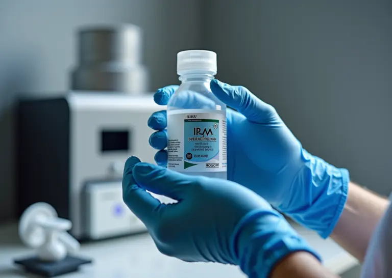 Рабочее место домашней 3D‑печати: человек в нитриловых перчатках и защитных очках держит бутылку смолы рядом с UV‑камерой и вытяжкой