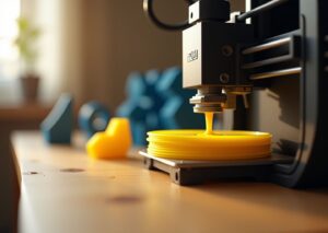 Домашний FDM‑принтер в процессе печати соплом и экструдером, рядом напечатанные предметы и наложенные термины Экструдер Ретракт Воблинг Слой Сопло