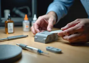 Рабочая поверхность с деталями 3D-печати из PLA и PETG, клеи (суперклей, эпоксидка, полиуретановый герметик), шкурка, паяльная фен для сварки пластика и струбцины, руки держат склеиваемые детали.