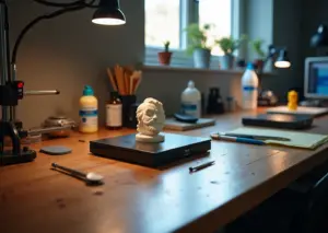 Рабочий стол с SLA моделями, инструментами для промывки и дозасветки, УФ‑камера и защитные перчатки