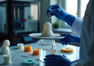 Процесс ацетоновой полировки 3D детали из ABS на рабочем столе, человек в перчатках и респираторе рядом с ёмкостью для паровой обработки