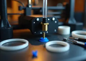 Крупный план хотенда 3D‑принтера с тефлоновой трубкой, инструменты для замены и запасная трубка на рабочем столе