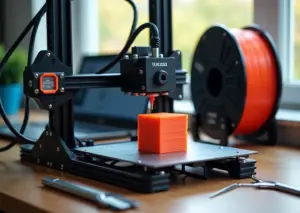 Домашний 3D‑принтер печатает первую модель на рабочем столе: катушка PLA, ноутбук со слайсером и инструменты рядом