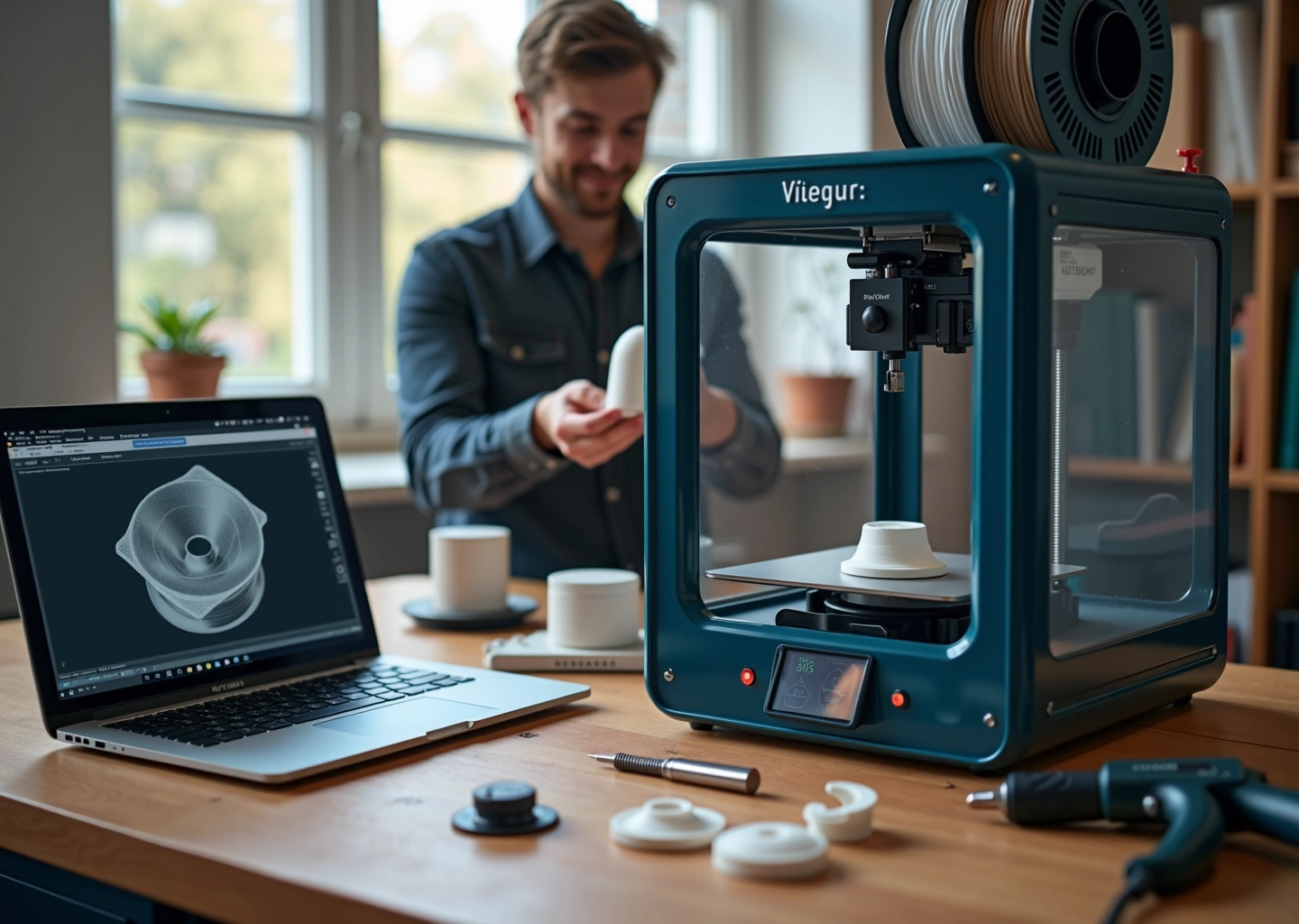 Домашняя мастерская с 3D‑принтером печатающим запчасть, ноутбук с моделью, катушки нитей и инструменты на столе
