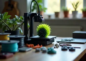 Рабочий FDM 3D принтер печатает двухцветный объект, рядом катушки нитей и модуль смены филамента в домашней мастерской