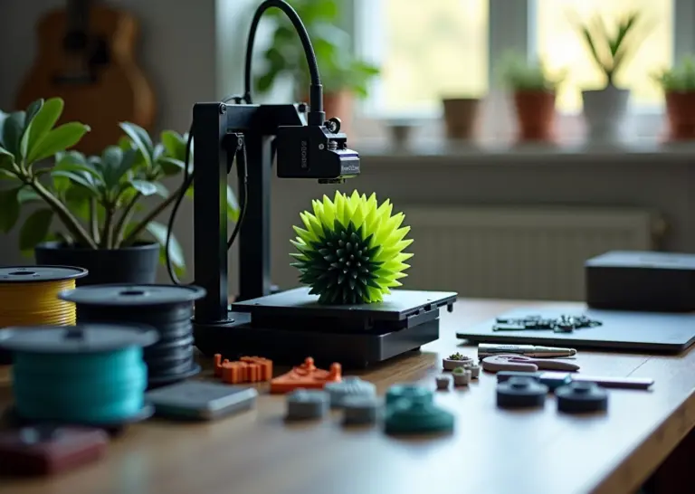 Рабочий FDM 3D принтер печатает двухцветный объект, рядом катушки нитей и модуль смены филамента в домашней мастерской