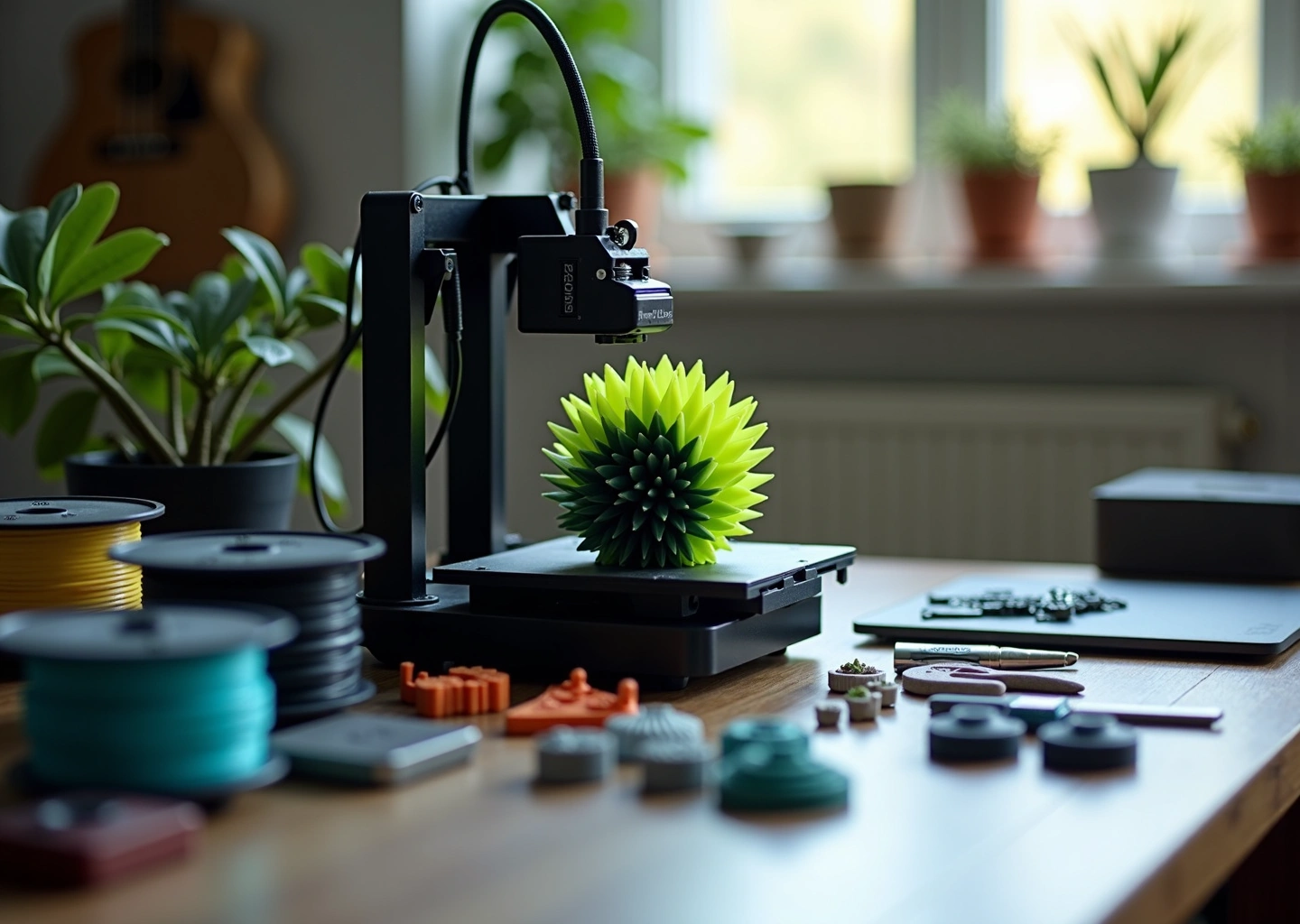 Рабочий FDM 3D принтер печатает двухцветный объект, рядом катушки нитей и модуль смены филамента в домашней мастерской