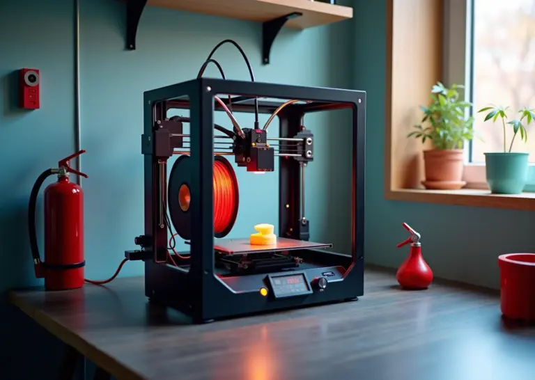 Домашняя мастерская с 3D-принтером на негорючей поверхности, детектор дыма на стене и огнетушитель рядом
